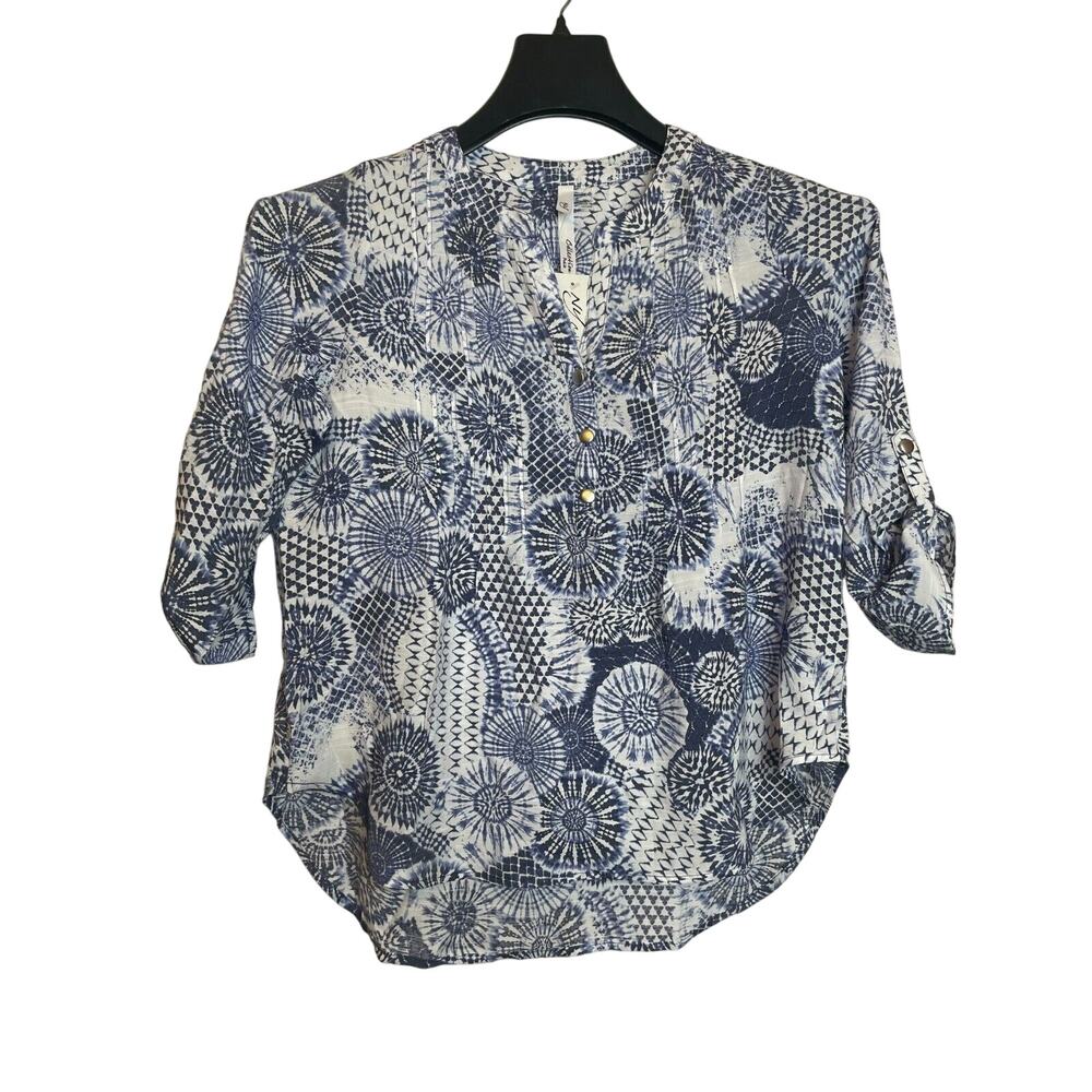 NY Collections Womens Floral Print Button-Up Blouse Roll Tab Sleeve Size PM